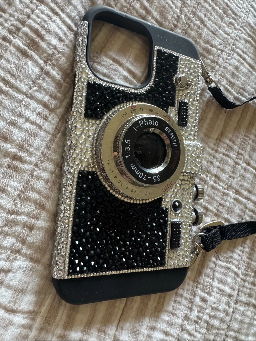 Decorative Emily in Paris Black & Silver Camera-Style Phone Case with Strap
